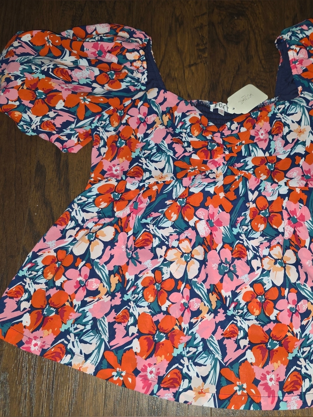 TCEC Navy Floral Short Sleeve Top with Pink & Orange Blossoms